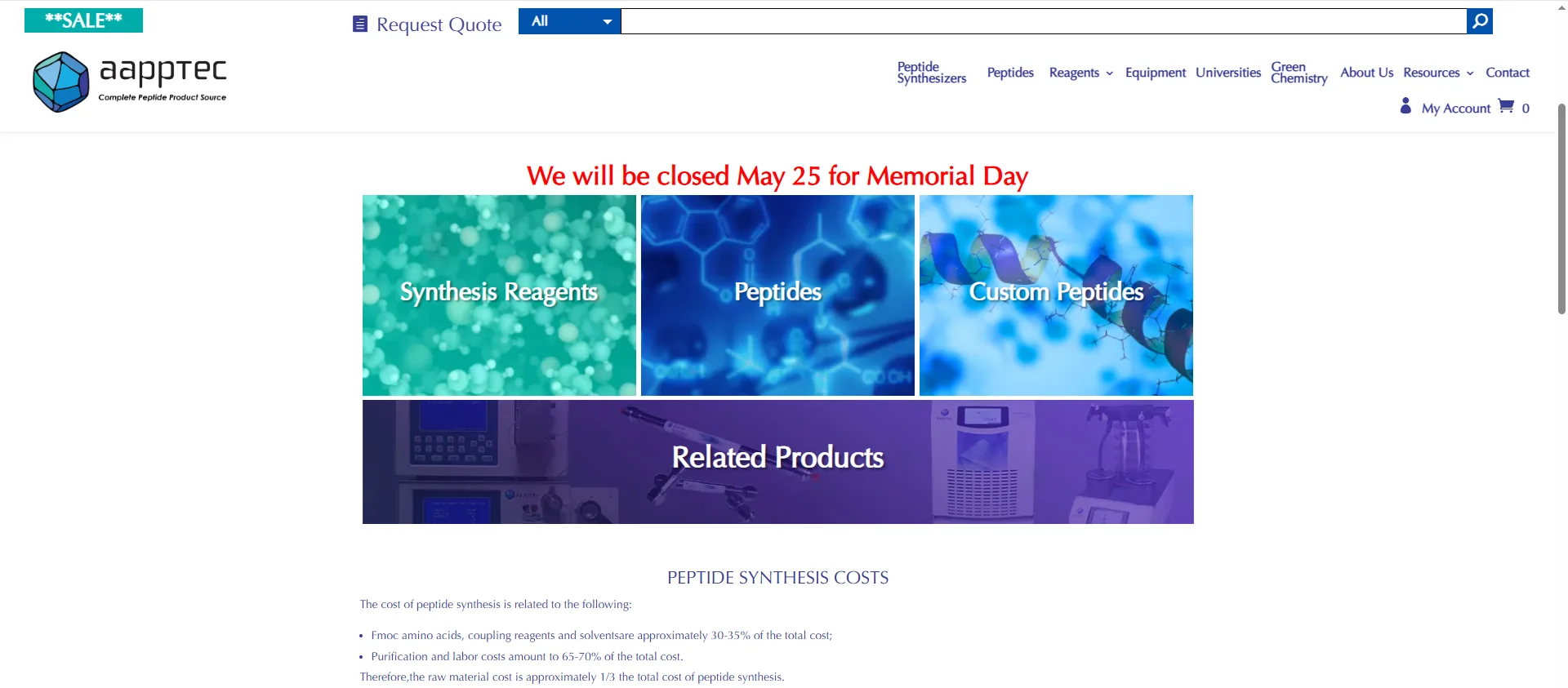 AAPPTec website section showcasing synthesis reagents, peptides, custom peptides, and related laboratory products. Memorial Day closure noted.
